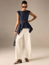 Denim Peplum Belted Top with Asymmetric Hem